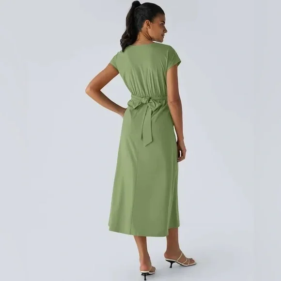 Halara Breezeful Short Sleeve Pocket Tie Back Quick Dry Midi Dress wasabi green - Picture 2 of 9